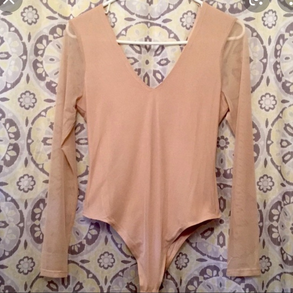 NORDSTROM RACK Bodysuit. Nude with Mesh Long Sleeves. Size Small.
